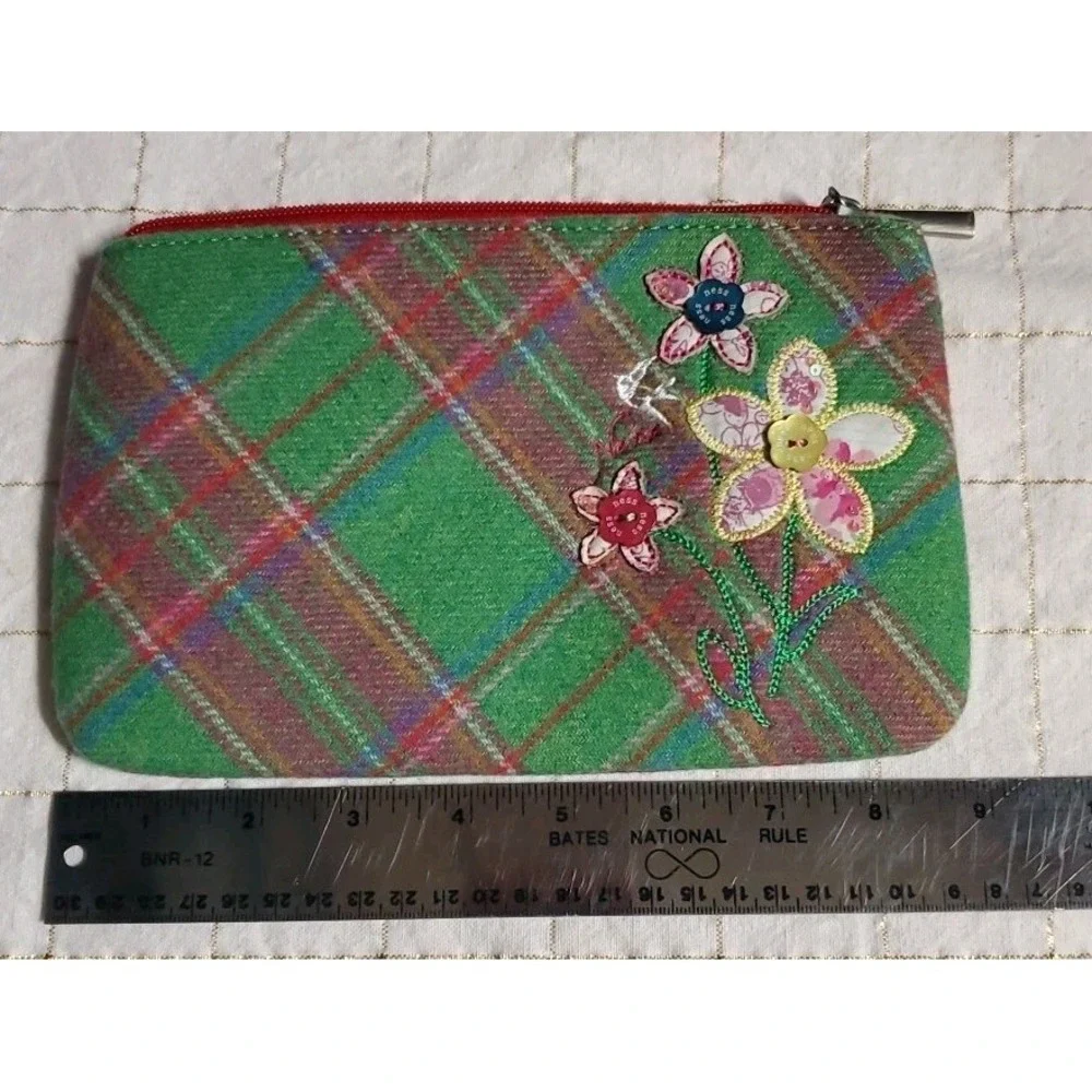 NESS Scotish Wool‎ Blend Makeup Bag Green Pink Tartan Floral Applique 8.5x5.5